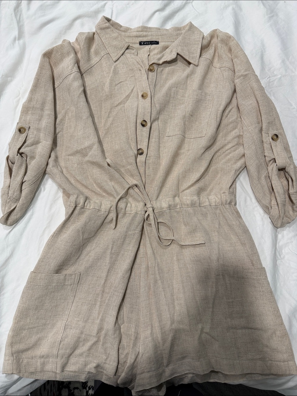 Very J Neutral Beige Drawstring Shirt Romper